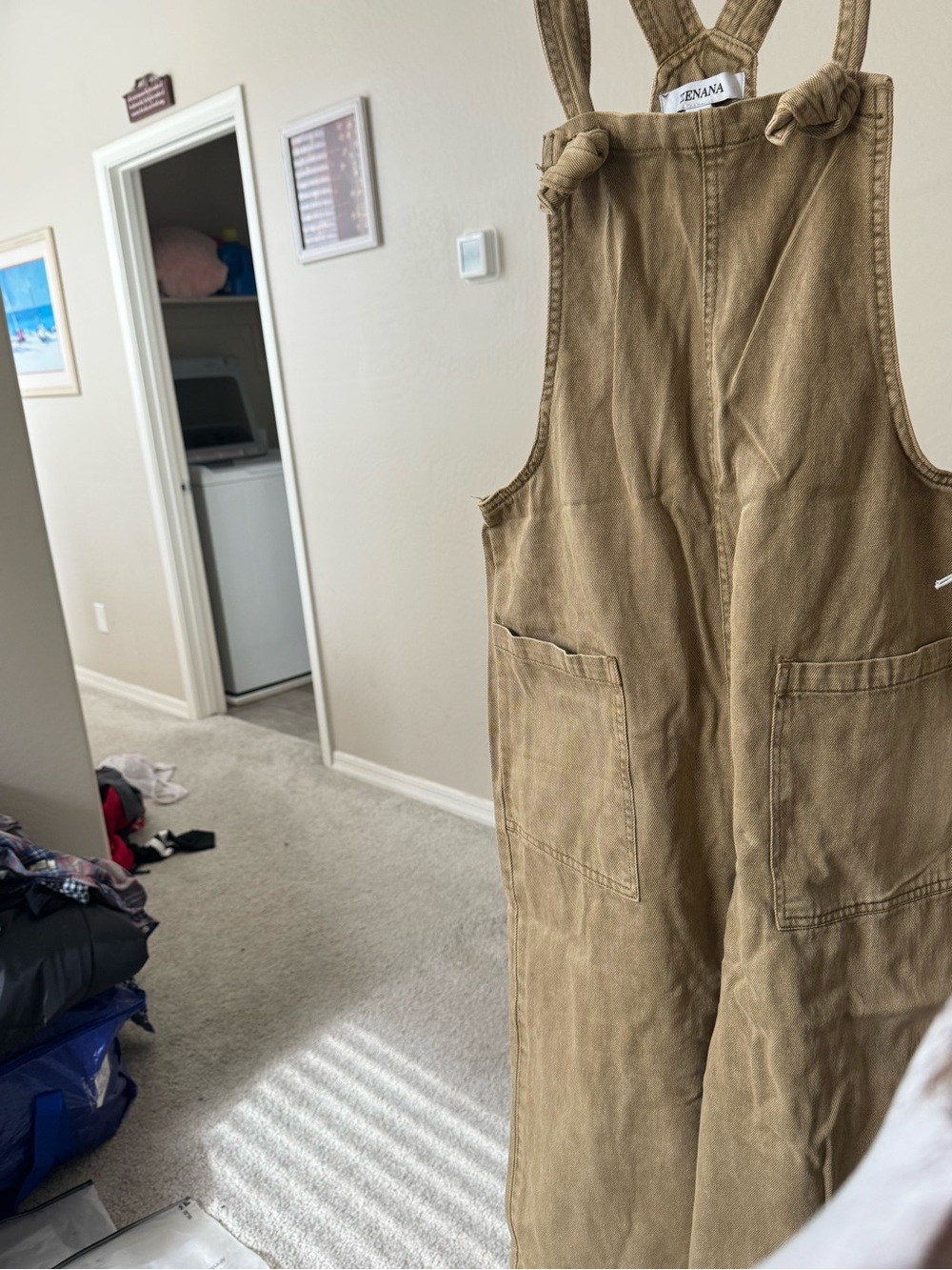 Zenana Outfitters Khaki/Tan Knot-Strap Utility Jumpsuit
